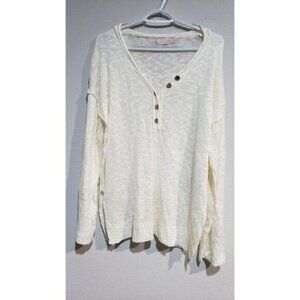 CDM women's open knit cream ivory sweater relaxed fit oversized 1/4 button Large